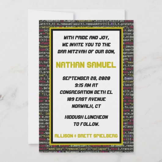 Uitnodiging voor de Bar Mitzvah van Coder's Party (Voorkant)