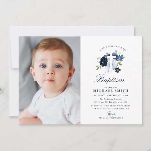 uitnodiging voor de blauwe bloemenkruis-doop (Voorkant)