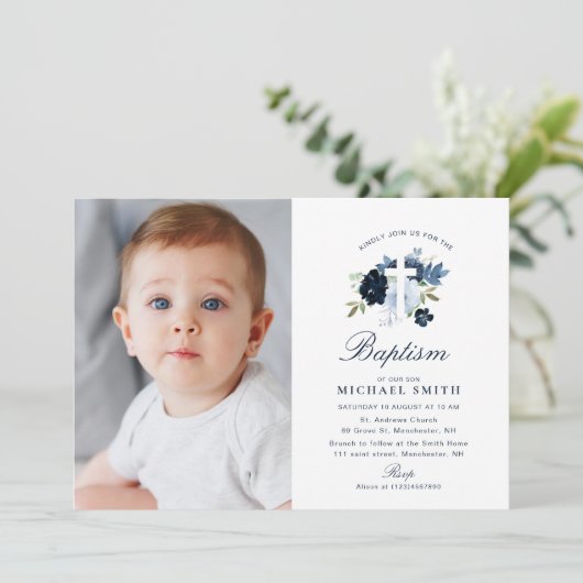 uitnodiging voor de blauwe bloemenkruis-doop (Staand voorkant)