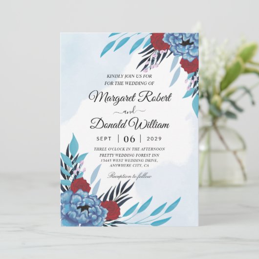 uitnodiging voor de bruiloft van floral maroon en (Staand voorkant)