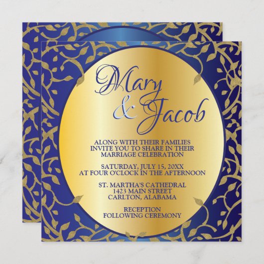 uitnodiging voor de bruiloft van royal blue en go (Voorkant / Achterkant)