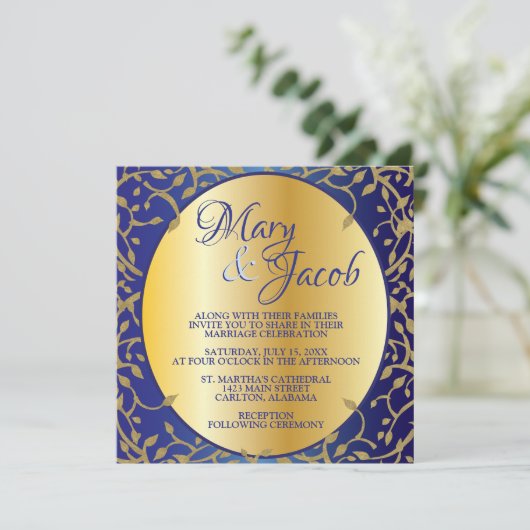  uitnodiging voor de bruiloft van royal blue en go (Staand voorkant)
