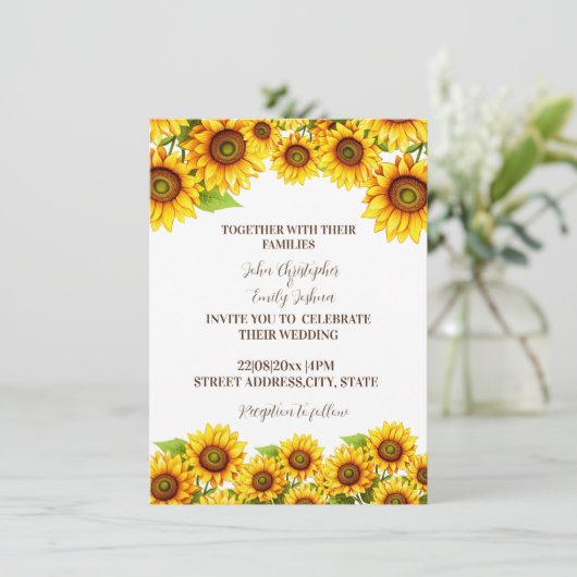 Uitnodiging voor de bruiloft van Rustige zonnebloe (Staand voorkant)