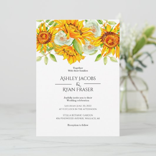 Uitnodiging voor de bruiloft van zonnebloemen (Staand voorkant)