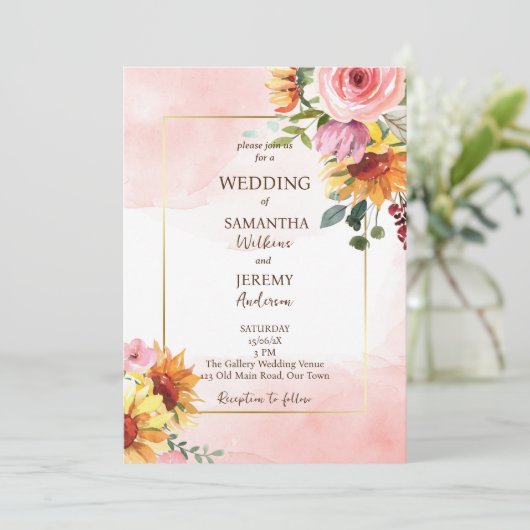 Uitnodiging voor de bruiloft van zonnebloemen en r