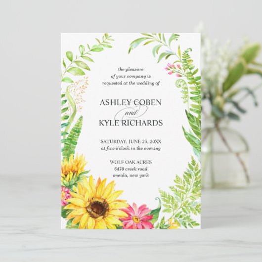 Uitnodiging voor de bruiloft van zonnebloemen met (Staand voorkant)