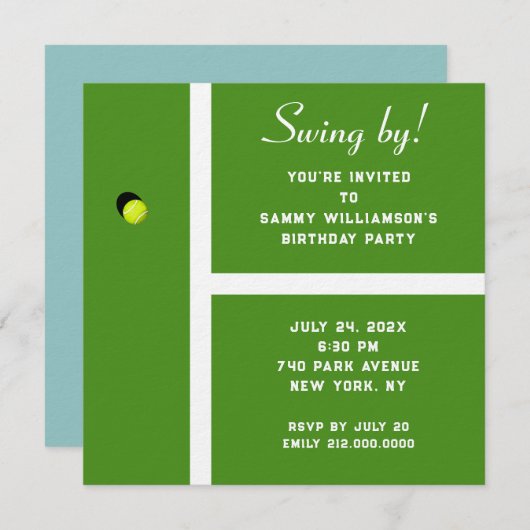 Uitnodiging voor de creatieve Tennis-partij (Voorkant / Achterkant)