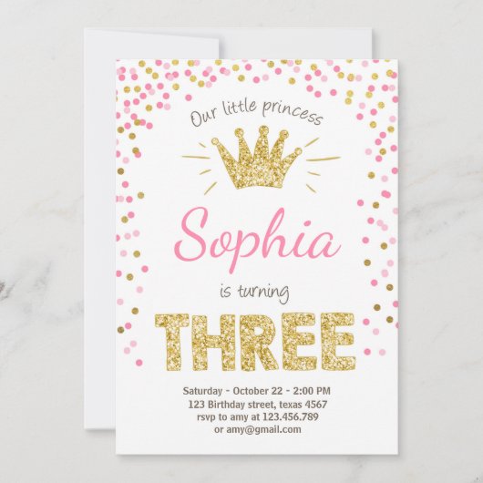 Uitnodiging voor de derde verjaardag Prinses Gold  (Voorkant)