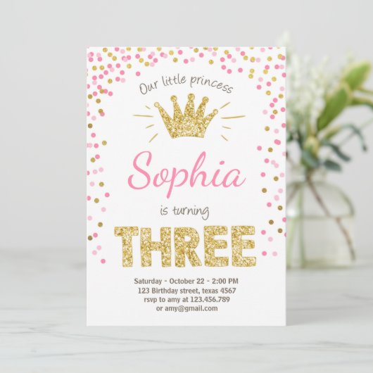Uitnodiging voor de derde verjaardag Prinses Gold  (Staand voorkant)