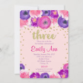 uitnodiging voor de derde verjaardag , roze paars (Voorkant)