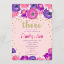 uitnodiging voor de derde verjaardag , roze paars