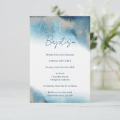 Uitnodiging voor de doop. Blauw en Goud Aquarel (Staand voorkant)