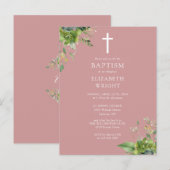 Uitnodiging voor de doop met stoffig roze groen en (Voorkant / Achterkant)