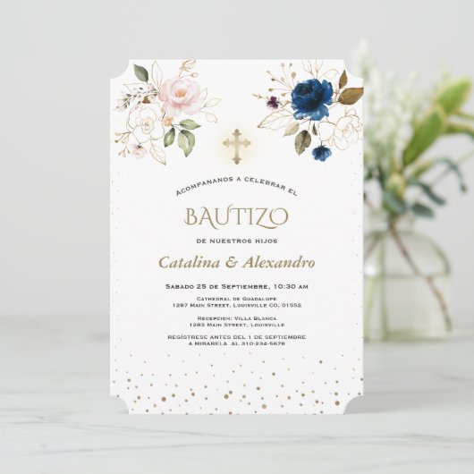 Uitnodiging voor de Doop met Tweeling Bloemen Doop (Staand voorkant)