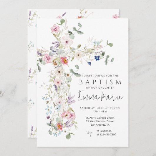 Uitnodiging voor de doop met wilde bloemen kruis (Voorkant / Achterkant)