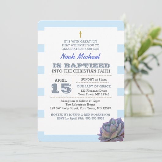 Uitnodiging voor de doop van een jongen met blauwe (Staand voorkant)