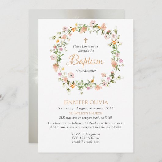 Uitnodiging voor de doop van een wildbloem meisje (Voorkant / Achterkant)