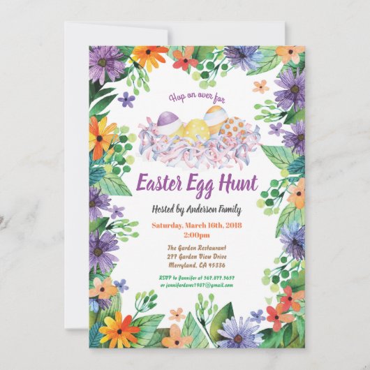 Uitnodiging voor de Easter Egg Hunt. Paarse bloeme (Voorkant)
