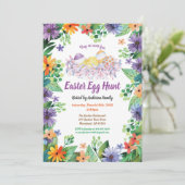 Uitnodiging voor de Easter Egg Hunt. Paarse bloeme (Staand voorkant)