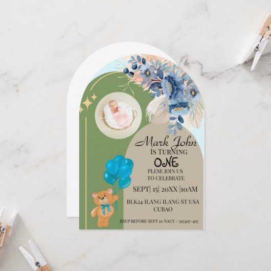 Uitnodiging voor de eerste verjaardag (Voorkant / Achterkant in situ)