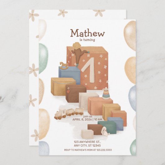 Uitnodiging voor de eerste verjaardag in retro sti (Voorkant / Achterkant)