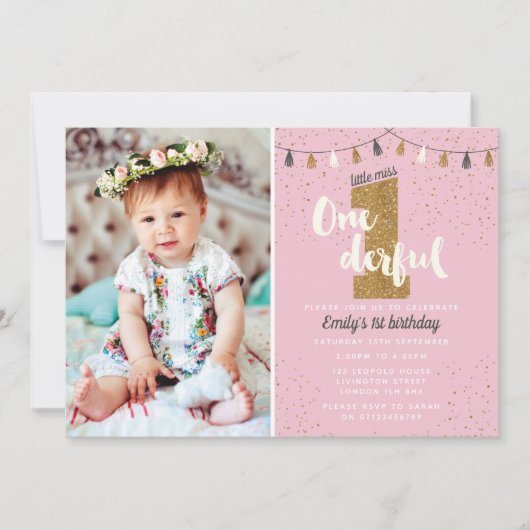 uitnodiging voor de eerste verjaardag - meisjes gl (Voorkant)