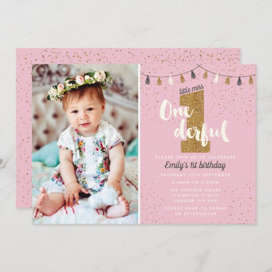 uitnodiging voor de eerste verjaardag - meisjes gl (Voorkant / Achterkant)