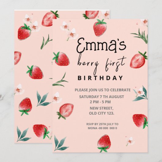 Uitnodiging voor de eerste verjaardag van Berry (Voorkant / Achterkant)