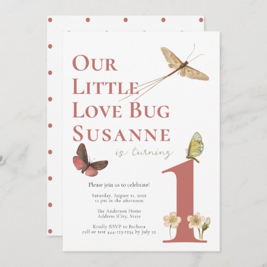 Uitnodiging voor de eerste verjaardag van lievehee (Voorkant / Achterkant)