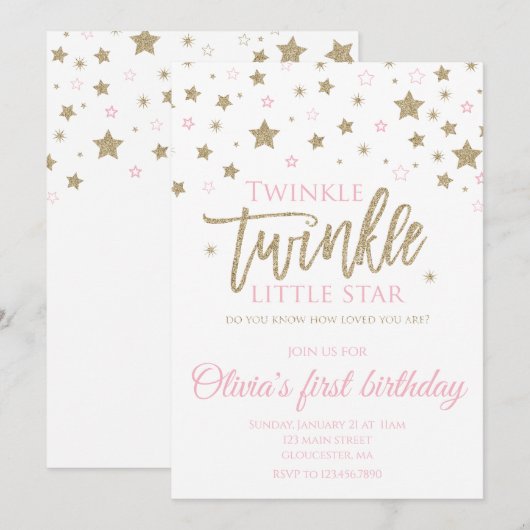 Uitnodiging voor de eerste verjaardag van Twinkle  (Voorkant / Achterkant)