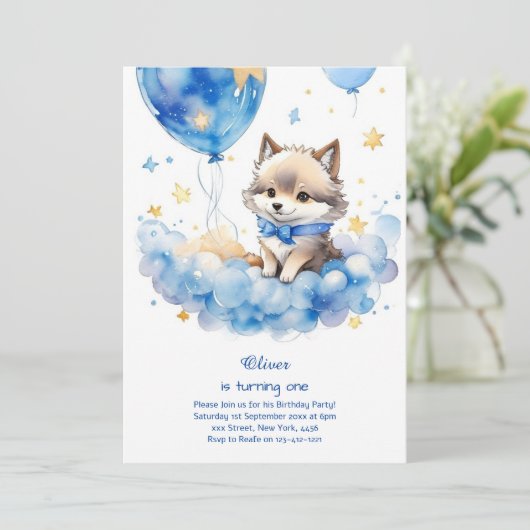 Uitnodiging voor de eerste verjaardag van Wolf (Staand voorkant)