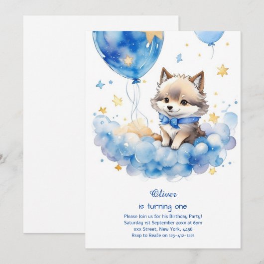 Uitnodiging voor de eerste verjaardag van Wolf (Voorkant / Achterkant)