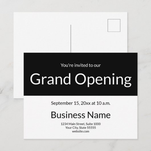 Uitnodiging voor de Grand Opening Zakelijk Zwart e (Voorkant / Achterkant)
