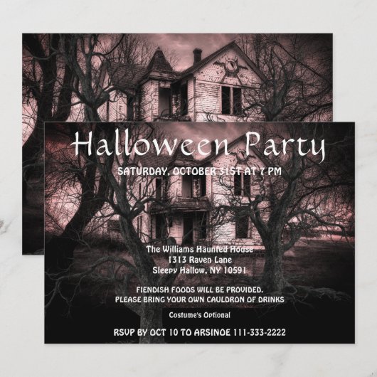 Uitnodiging voor de haunted Creaky Old House-parti (Voorkant / Achterkant)