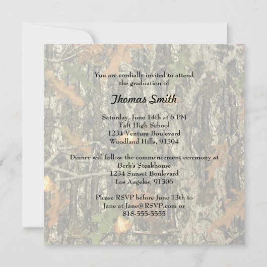 Uitnodiging voor de Hunting Camo Graduation Party (Achterkant)