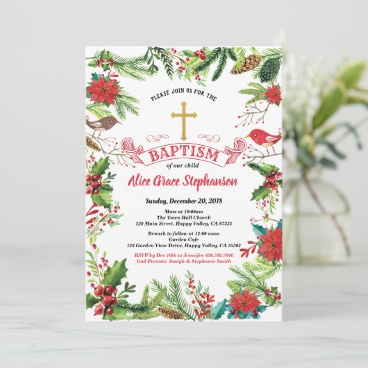 Uitnodiging voor de kerstdoop. Rood wit gouden kru (Staand voorkant)