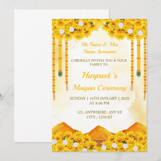 Uitnodiging voor de Maya-ceremonie Kaart, Haldi Ka (Voorkant / Achterkant)