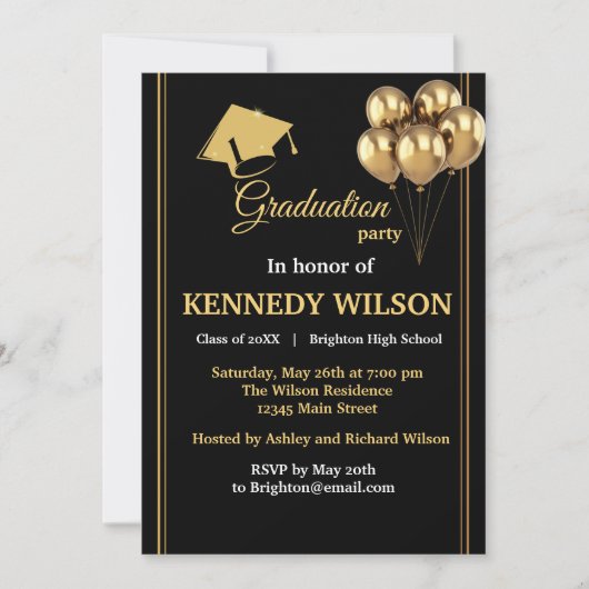 Uitnodiging voor de moderne Black Gold Graduation  (Voorkant)