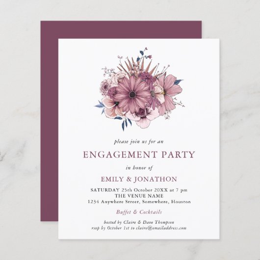 Uitnodiging voor de Paarse Florals Engagement Part (Voorkant / Achterkant)