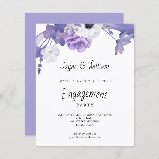 Uitnodiging voor de Paarse Florals Engagement Part (Voorkant / Achterkant)