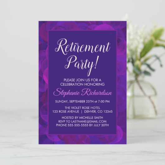 Uitnodiging voor de Paarse uittredingspartij Elega (Staand voorkant)