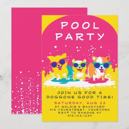 Uitnodiging voor de partij Doggie Pool | (Voorkant / Achterkant)