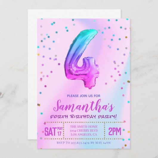 Uitnodiging voor de partij van de Forth Birthday (Voorkant / Achterkant)