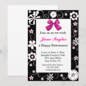 Uitnodiging voor de roze en zwarte Floral Retireme (Voorkant / Achterkant)