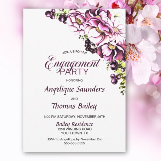 Uitnodiging voor de roze Floral Engagement Party