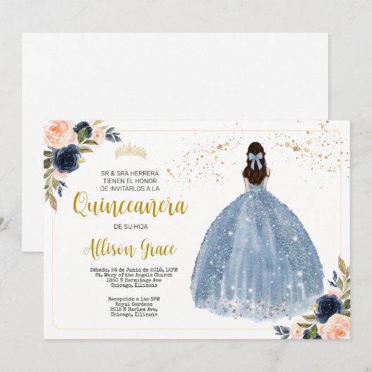 Uitnodiging voor de Spaanse Quinceañera, 15-jarige (Voorkant / Achterkant)