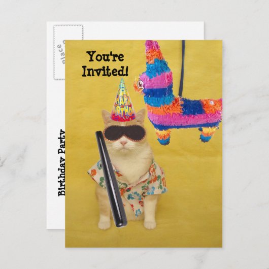 Uitnodiging voor de verjaardag met Pinata! (Voorkant / Achterkant)