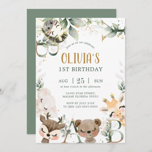 Uitnodiging voor de verjaardag van bosvrienden (Voorkant / Achterkant)