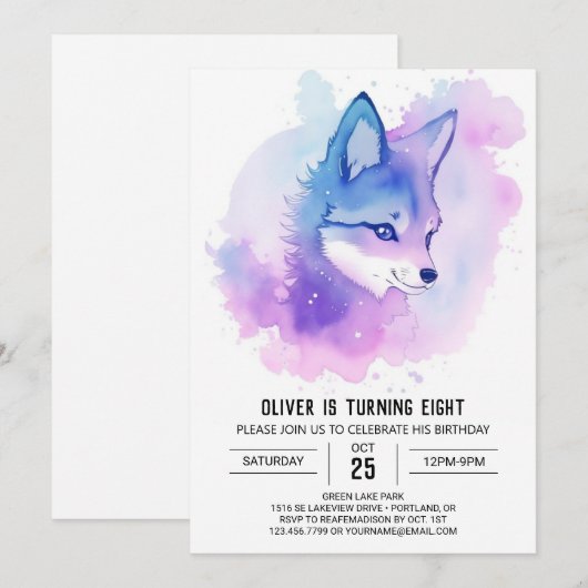 Uitnodiging voor de verjaardag van Celestial Wolf (Voorkant / Achterkant)