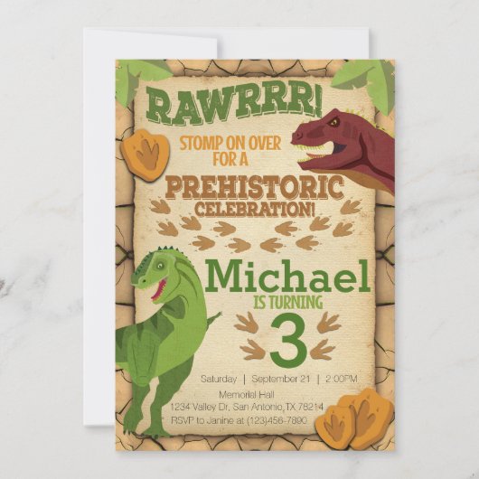 Uitnodiging voor de verjaardag van de dinosaurus,  (Voorkant)